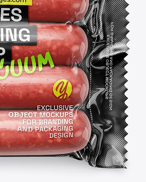 Glossy Plastic Flow-Pack with Sausages Mockup
