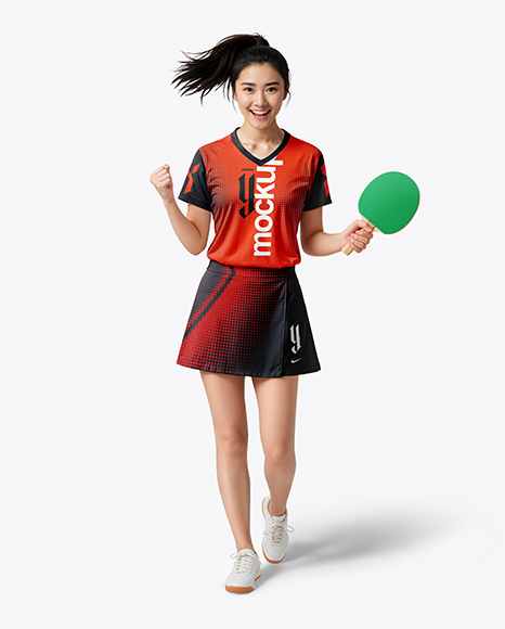 Woman Wearing Table Tennis Uniform Mockup - Children's+Uniform+Mockup