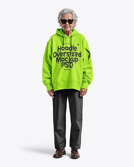 Old Woman Wearing Oversized Hoodie & Sweatpants Mockup - Dark grey hoodie mockup
