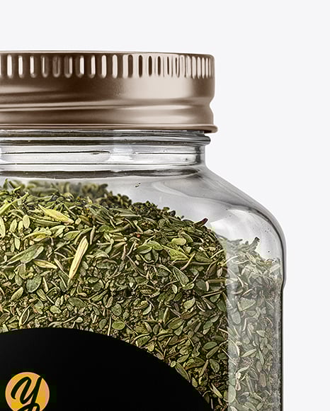 Square Plastic Jar with Dried Tarragon Mockup