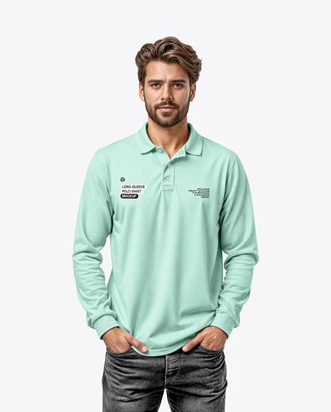 Man Wearing Long-Sleeve Polo Shirt and Jeans Mockup