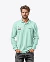Man Wearing Long-Sleeve Polo Shirt and Jeans Mockup