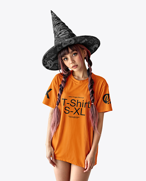 Young Woman Wearing Witch Hat and Oversized T-shirt Mockup - Cheerleader+Costume+Mockup+-+Front+View+in+Apparel+Mockups+...