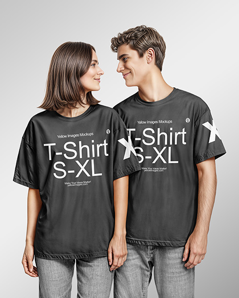 Young Couple Wearing Oversized T-shirts and Jeans Mockup