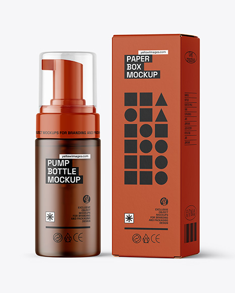 Frosted Amber Foam Pump Bottle with Box Mockup - Gift box mockup