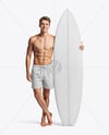 Young Man Wearing Shorts and Holding Surfboard Mockup
