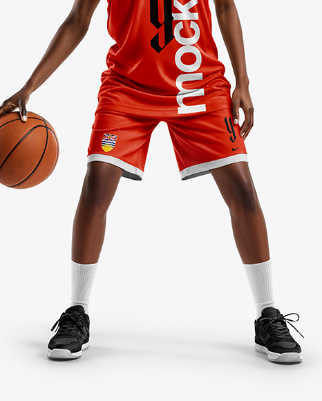 Female Basketball Player Wearing a V-Neck Jersey and Shorts Mockup