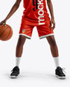 Female Basketball Player Wearing a V-Neck Jersey and Shorts Mockup