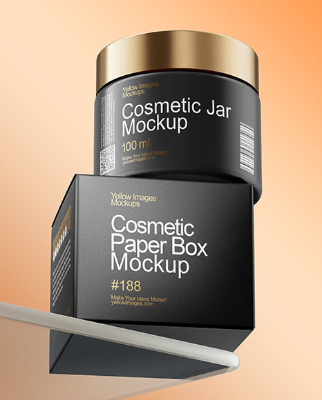 Matte Cosmetic Jars with Paper Box on the Glass Mockup