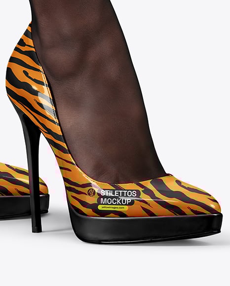 Pair of Stilettos on Woman's Legs with Pantyhose Mockup