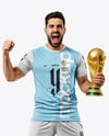 Man Wearing Soccer Jersey and Shorts Holds Cup Mockup