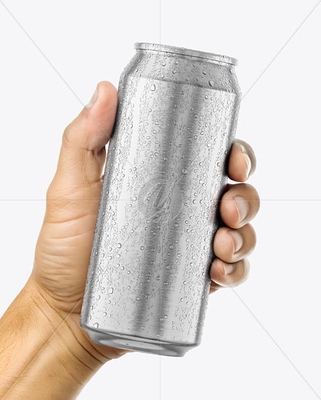 500ml Aluminium Can with Drops in the Hand Mockup
