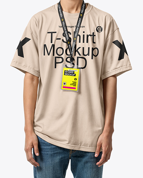 Young Man Wearing T-shirt with ID Card Mockup