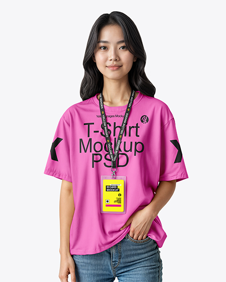 Asian Woman Wearing T-shirt with Badge Holder Mockup - Jeans mockup