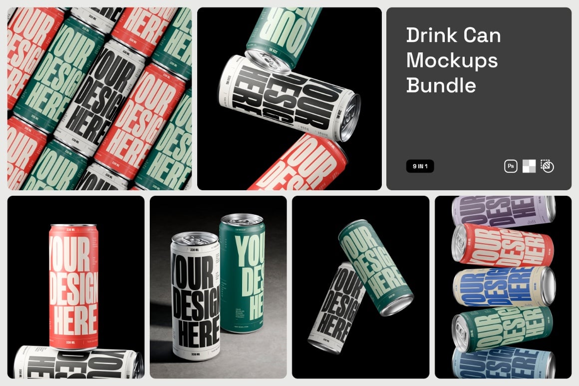 9-in-1 Slim Drink Can Mockups Bundle