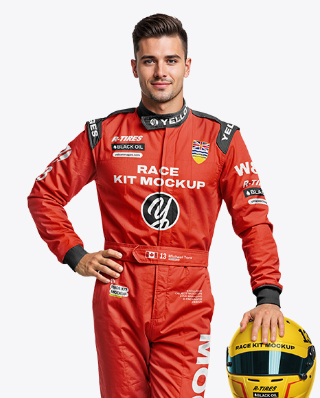 Man Wearing Racing Kit With Helmet Mockup