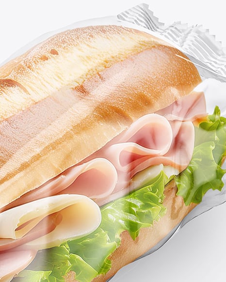 Clear Plastic Flow-Pack with Sandwich in Paper Sleeve Mockup