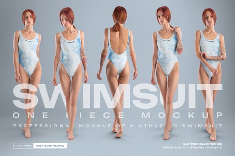 8 Mockups Woman Athletic One Piece Swimsuit vol.03. Full height - Apparel Mockups