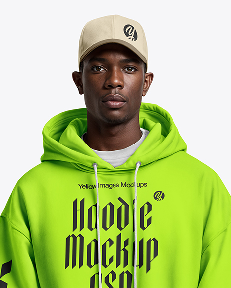 Black Man Wearing Hoodie and Baseball Cap Mockup
