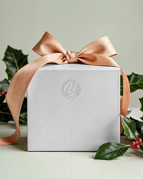 X-mas Gift Box with Bow and Holy Leaf Mockup