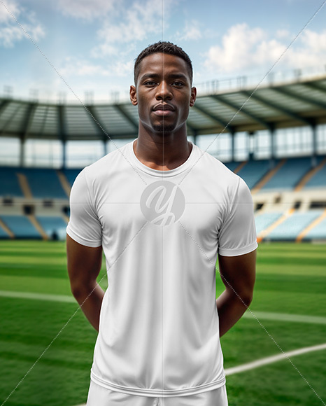 Soccer Player Wearing a Crew Neck Jersey and Shorts at the Stadium Mockup