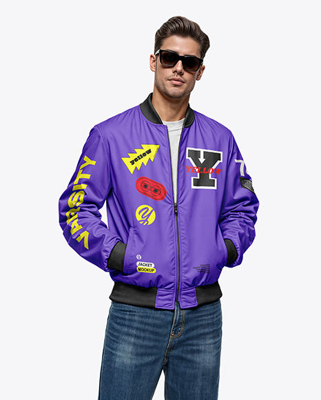 Man in Sunglasses Wearing Bomber Jacket and Jeans Mockup - Sunglasses+Mockup+-+Top+View+in+Apparel+Mockups+on+Yellow+...