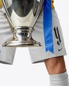 Man Wearing Soccer Jersey and Shorts Holds Cup Mockup