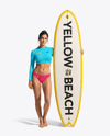 Woman Wearing Long Sleeve Rashguard and Bikini Bottom Holding Surfboard Mockup