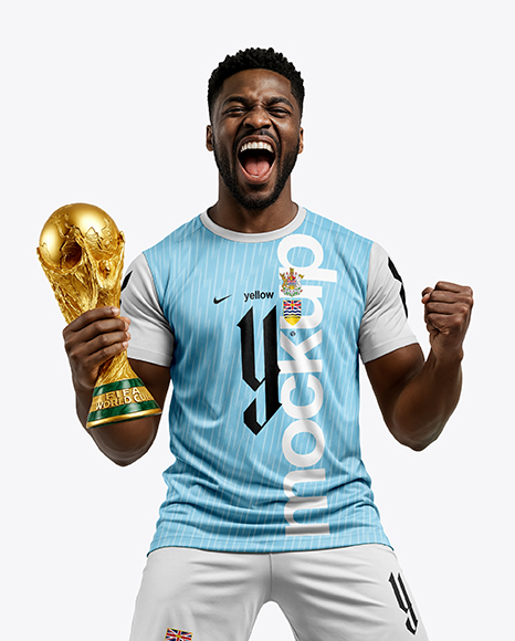 Soccer Player Wearing Jersey and Shorts Holds Cup Mockup