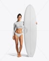 Woman Wearing Long Sleeve Rashguard and Bikini Bottom Holding Surfboard Mockup