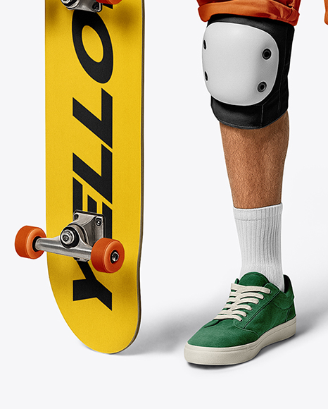 Skater in Protective Gear with Skateboard Mockup