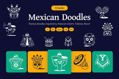 Mexican Doodles Icons Set - Culture clipart