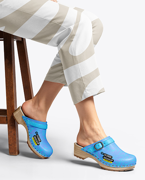 Pair of Clogs on Woman's Legs Sitting on Stool Mockup - Flared pants mockup