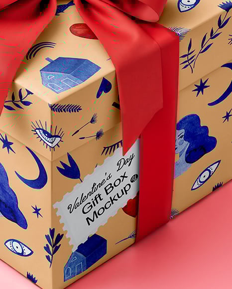 Gift Box with Red Bow on Pink Background Mockup