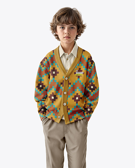 Young Boy Wearing Cardigan and Shirt Mockup - Jumper