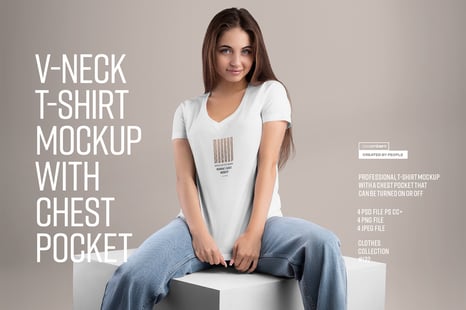 4 Mockup Woman V-Neck T-Shirt with a Chest Pocket - Apparel Mockups