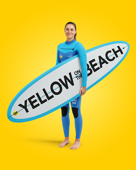 Female Surfer in a Wetsuit with a Longboard Mockup