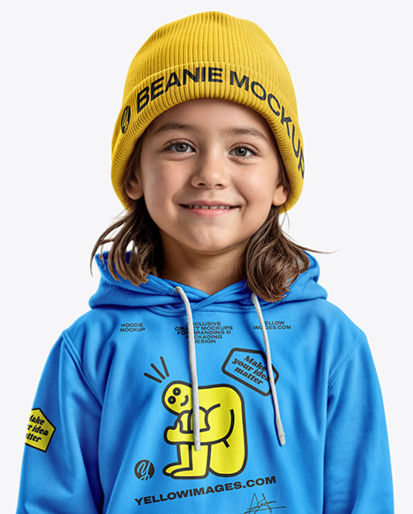 Boy Wearing a Hoodie and Beanie Hat Mockup