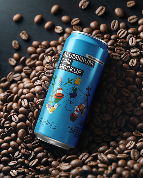 Drink Can on a Stack of Coffee Beans Mockup - Coffee packaging mockup