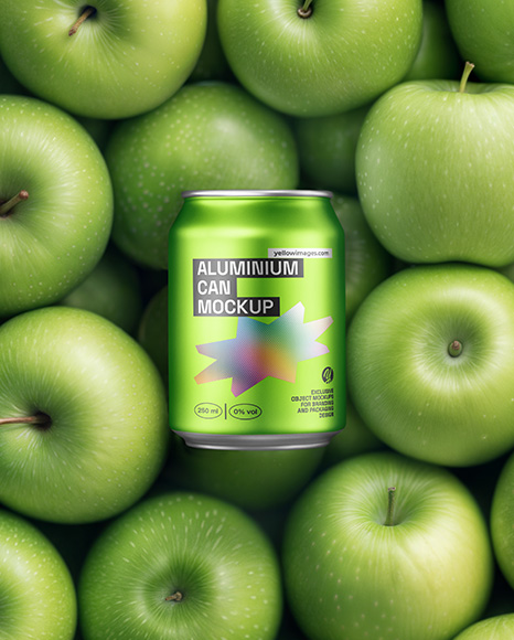 8.5oz Drink Can on a Stack of Green Apples Mockup - Metal can mockup
