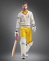 Man Wearing a Full Cricket Kit with Bat Mockup