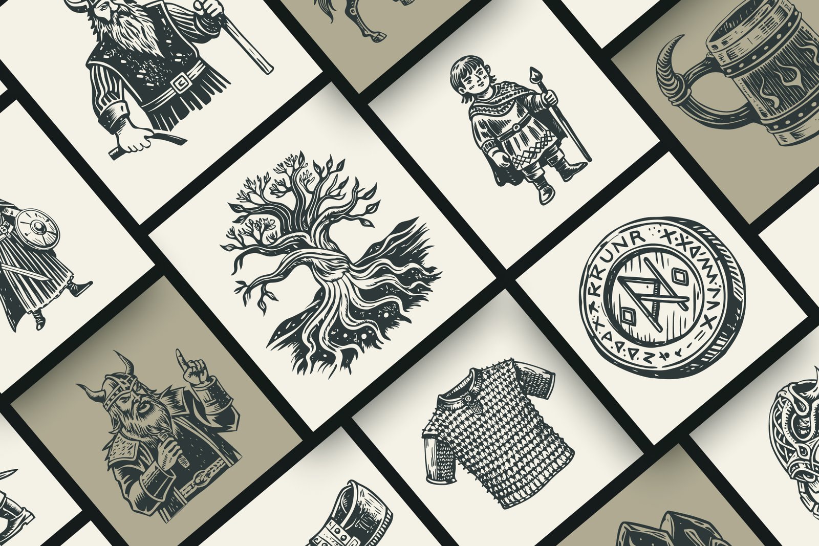 Vintage Viking Art Icon Set