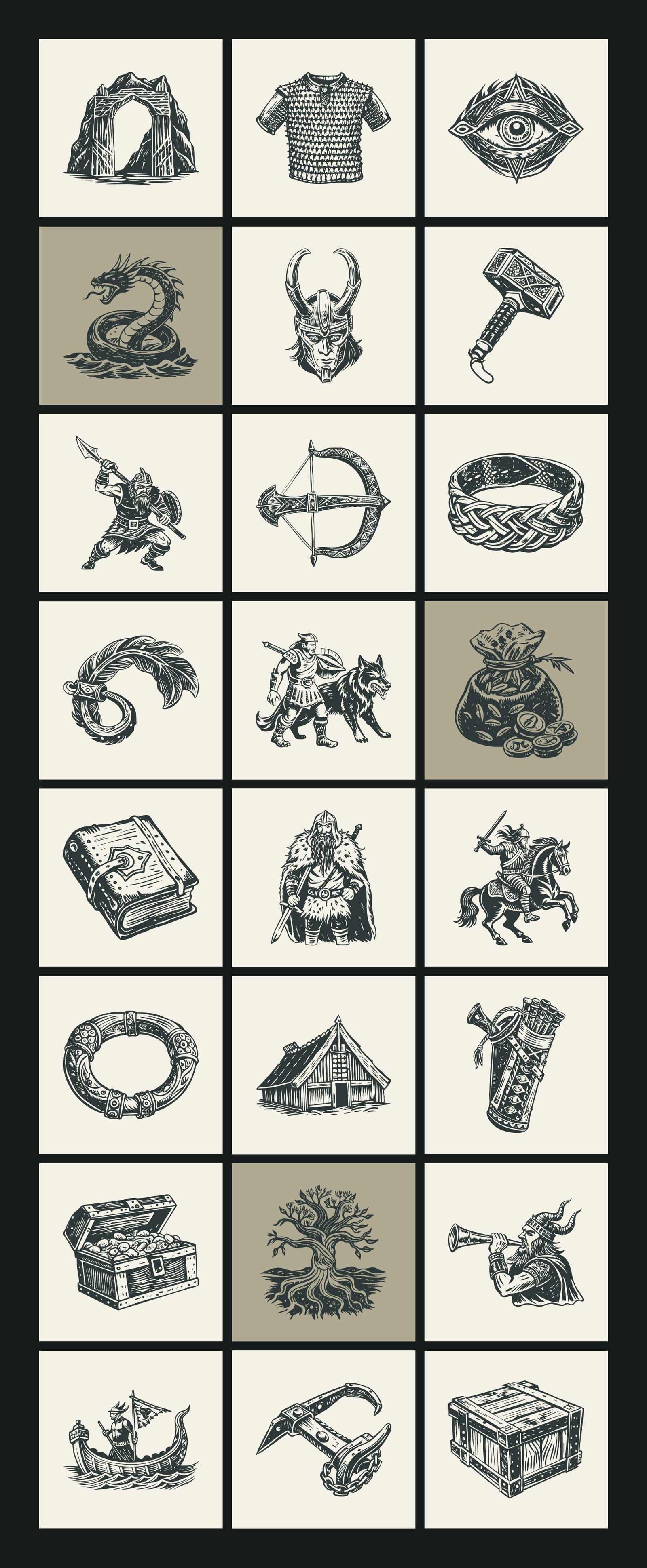 Vintage Viking Art Icon Set