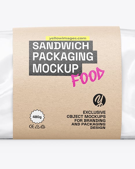 Clear Plastic Flow-Pack with Sandwich in Kraft Paper Sleeve Mockup