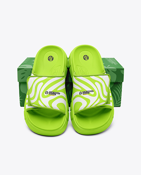 Pair of Velcro Slide Sandals With Box Mockup - Shoe mockups