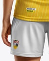 Woman Wearing Raglan Soccer Jersey and Shorts Mockup