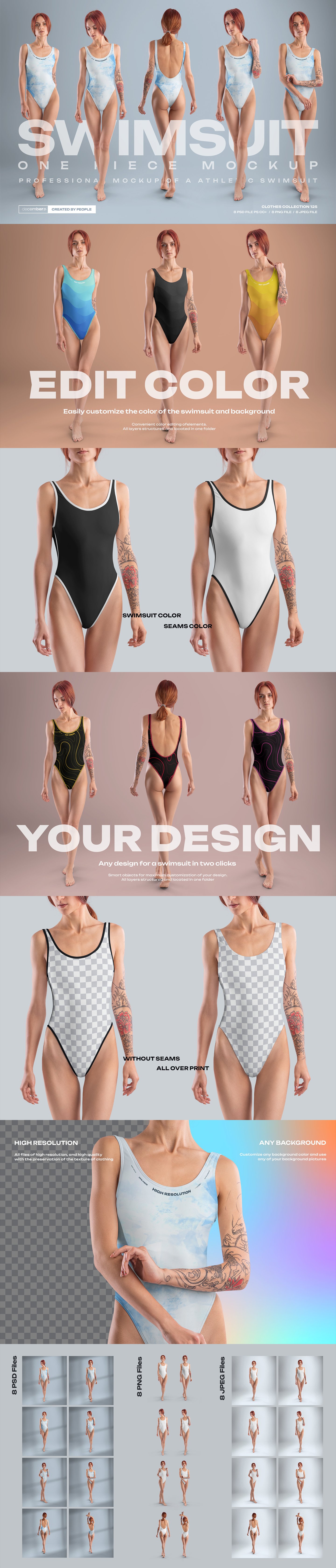 8 Mockups Woman Athletic One Piece Swimsuit vol.03. Full height