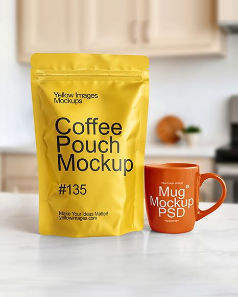 Stand-Up Pouch and Mug Mockup - Frosted mug mockup