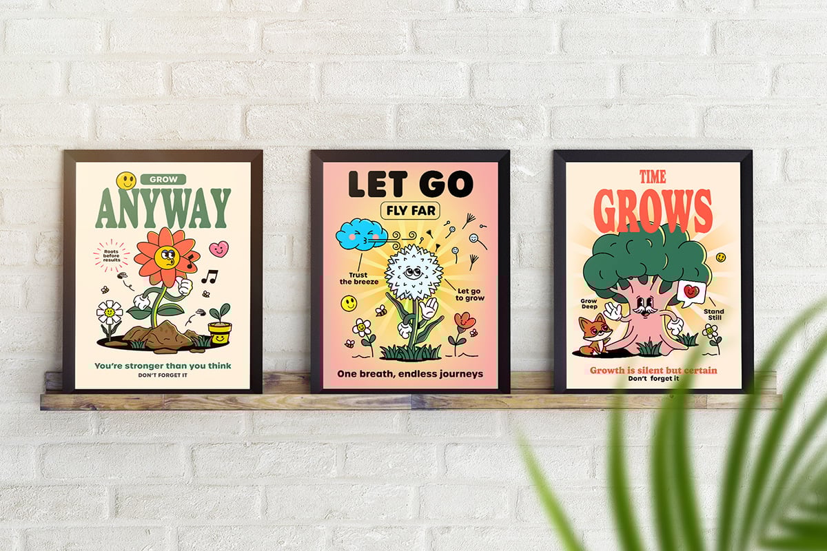 Groovy Nature Wisdoms – 20 Motivational Posters in Retro Cartoon Style (Vector Pack)