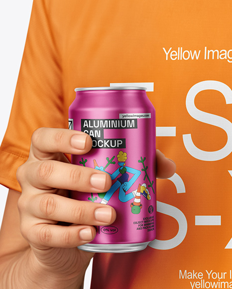 Man Wearing a T-shirt Holding 12oz Drink Can Mockup